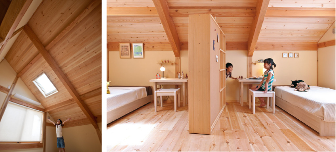 郷の家は、小屋裏のスペースを利用して「隠れ家」気分のロフトスペースが可能。書斎として、趣味の部屋として、納戸として、家族みんなのユーティリティースペースが作れます。